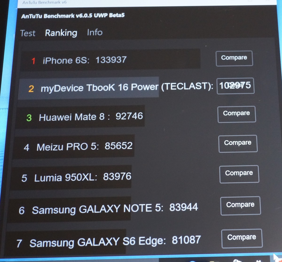 Teclast Tbook 16 Power　windows側のベンチマークテスト結果参考画像