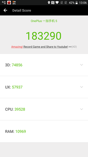 OnePlus 5 実機レビュー　Antutuスコアテスト結果