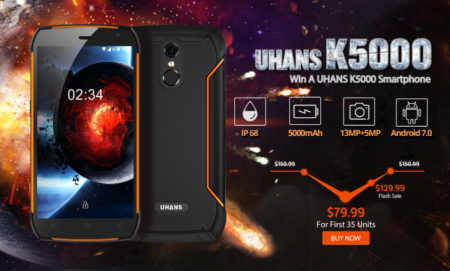 Uhans K5000　防水IP68タフネススマホがフラッシュセールで$129.99！