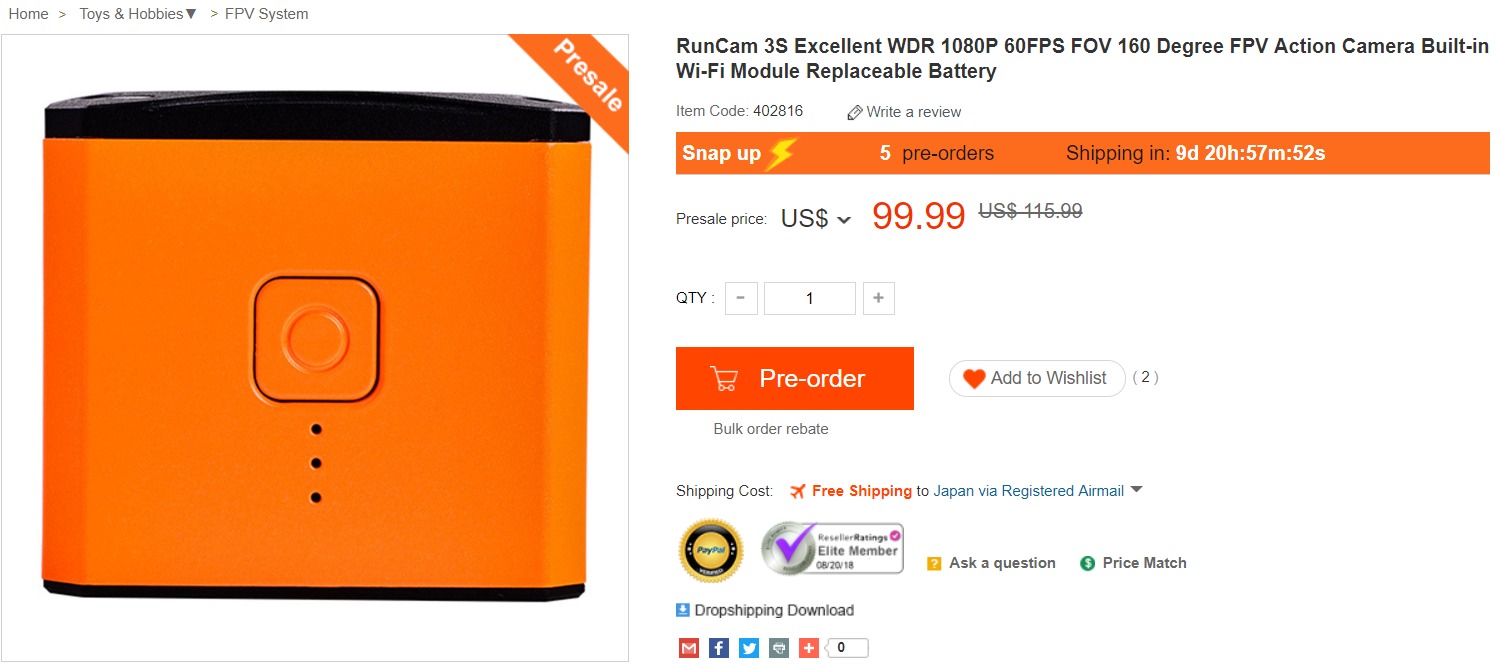 RunCam 3S　1080P 60FPS撮影可能なアクションカメラが$96.99でセール中！