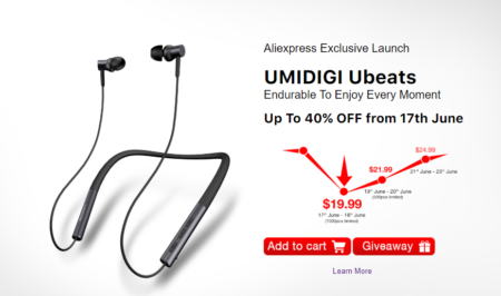 12時間連続再生可能のネックバンド式Bluetooth5.0スポーツイヤホン「UMIDIGI Ubeats」が17日のサマーセールで$19.99に！